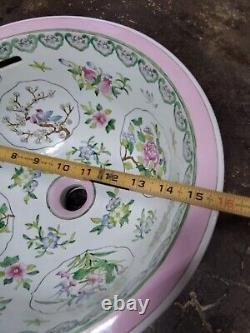 Vtg Porcelain Johnson Bros England 16 Round Bathroom Sink Floral Birds