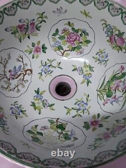 Vtg Porcelain Johnson Bros England 16 Round Bathroom Sink Floral Birds