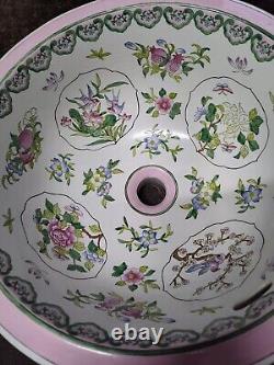 Vtg Porcelain Johnson Bros England 16 Round Bathroom Sink Floral Birds