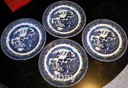 Vtg Set 4 BLUE WILLOW Johnson Bros 10.25 Dinner Plates DOUBLE WARRANT 2 Queens