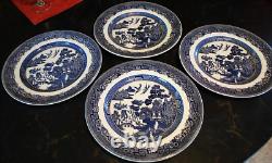 Vtg Set 4 BLUE WILLOW Johnson Bros 10.25 Dinner Plates DOUBLE WARRANT 2 Queens