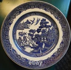 Vtg Set 4 BLUE WILLOW Johnson Bros 10.25 Dinner Plates DOUBLE WARRANT 2 Queens