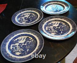 Vtg Set 4 BLUE WILLOW Johnson Bros 10.25 Dinner Plates DOUBLE WARRANT 2 Queens