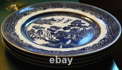 Vtg Set 4 BLUE WILLOW Johnson Bros 10.25 Dinner Plates DOUBLE WARRANT 2 Queens