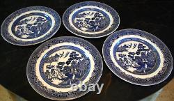 Vtg Set 4 BLUE WILLOW Johnson Bros 10.25 Dinner Plates DOUBLE WARRANT 2 Queens