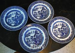 Vtg Set 4 BLUE WILLOW Johnson Bros 10.25 Dinner Plates DOUBLE WARRANT 2 Queens