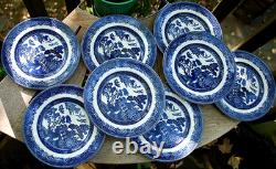 Vtg Set 8 BLUE WILLOW Johnson Bros 7 Dessert/Pie Plates DOUBLE WARRANT 2 Queens