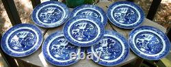 Vtg Set 8 BLUE WILLOW Johnson Bros 7 Dessert/Pie Plates DOUBLE WARRANT 2 Queens