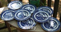 Vtg Set 8 BLUE WILLOW Johnson Bros 7 Dessert/Pie Plates DOUBLE WARRANT 2 Queens