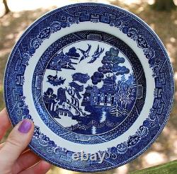 Vtg Set 8 BLUE WILLOW Johnson Bros 7 Dessert/Pie Plates DOUBLE WARRANT 2 Queens