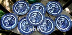 Vtg Set 8 BLUE WILLOW Johnson Bros 7 Dessert/Pie Plates DOUBLE WARRANT 2 Queens